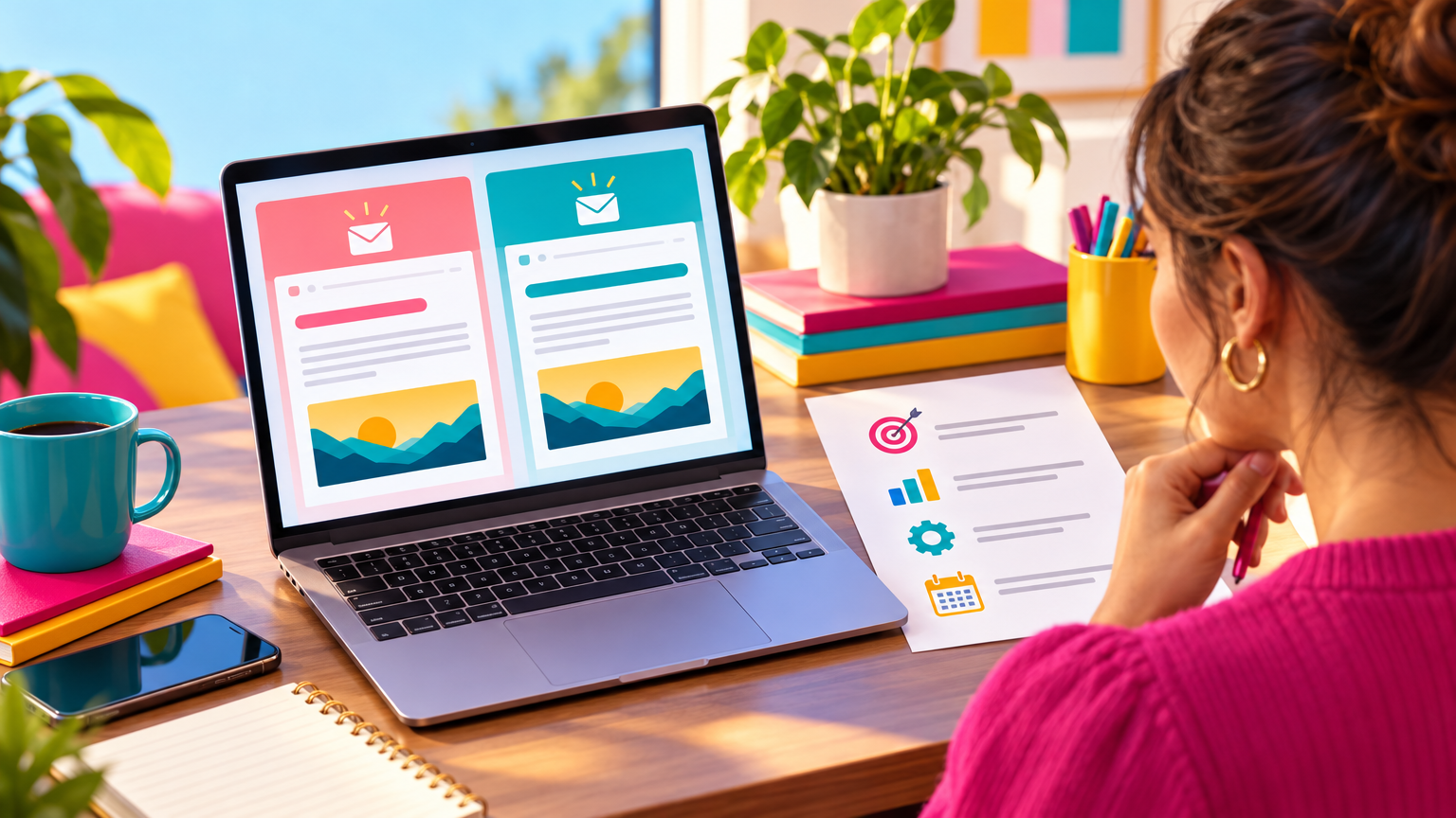 A small-business owner reviewing two side-by-side email previews on a laptop, labeled A and B, with different worksheet subject lines but identical preview text and body copy. Beside the laptop, a paper experiment brief lists goal, primary measure, controls, and evaluation window; no fabricated perf