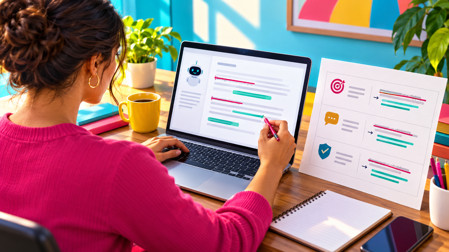 An over-the-shoulder view of a business owner editing an email draft beside a printed brand-voice brief labeled Approved Samples, Tone Rules, and Verified Facts, with exaggerated phrases crossed out and practical replacements handwritten.